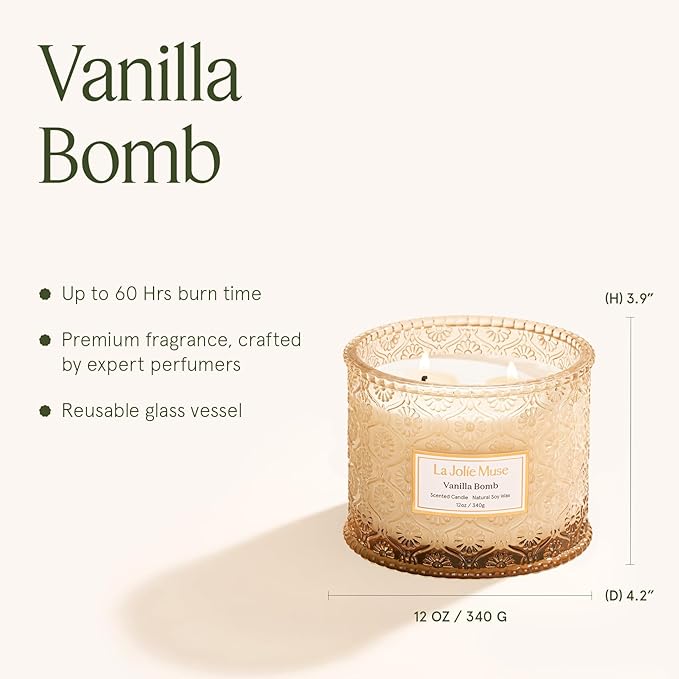 LA JOLIE MUSE Vanilla Bomb Candle – Lemon Zest, Fressia & Patchouli | 12 oz Large 2-Wick Soy Wax Candle | 60 Hours Clean Burn | Gift-Ready for Hosts | Elegant Home Décor