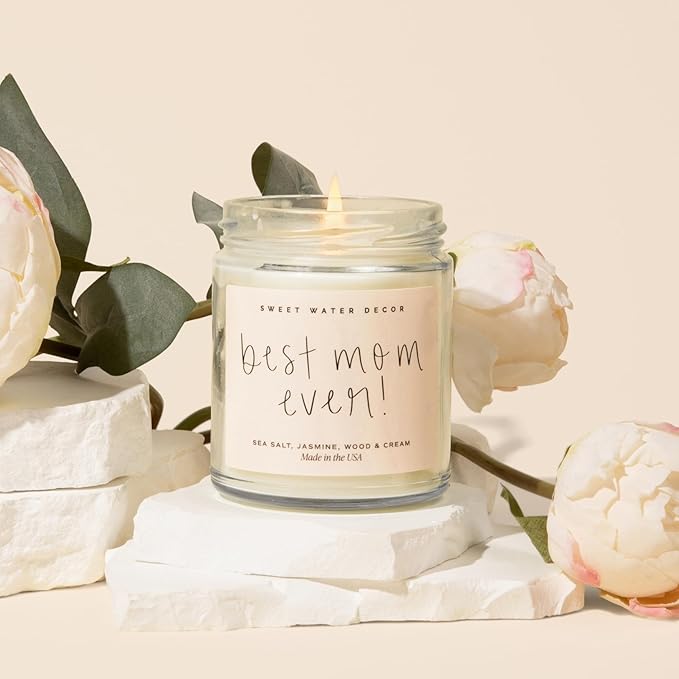 Sweet Water Decor, Best Mom Ever Candle - Sea Salt, Jasmine, Cream, and Wood Scented Soy Wax Candle for Mom - 9oz Clear Jar, 40 Hour Burn Time, Made in The USA
