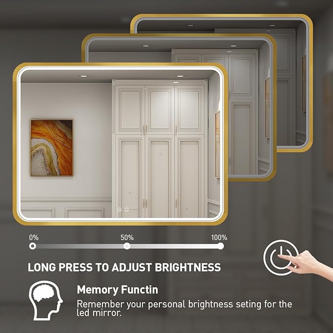 40x30 Inch LED Bathroom Mirror with Lights,Gold Metal Frame Lighted Vanity Mirror, Anti Fog Design&Dimmable&Touch Switch, Wall Mounted Rectangle Mirror (Horizontal&Vertical)
