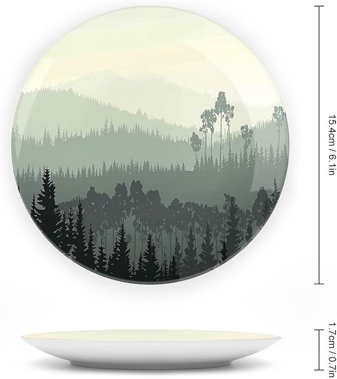 XISUNYA 10 Inch Decorative Plate, Landscape Tableware Plate, Panorama of Valley and Misty Forest of Pine Trees Print Ornament Display Plate Decor Accessory for Dining, Parties, Wedding