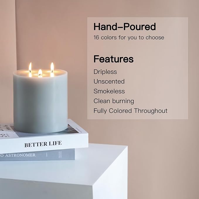 MOZEAL Extra Large 3 Wick Gray Pillar Candle, 6" x 6", Unscented, Dripless, Smokeless, and Clean-Burning. Approx. 120 Hours of Burn Time. Perfect for Weddings, Dinners, Christmas and Home Decor