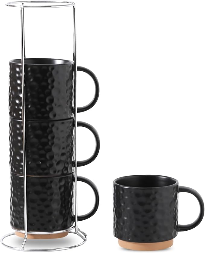 Nihow Ceramic Coffee Mug Set of 4, 16OZ Stackable Coffee Mug Set with Stainless Stand,Large Cup Set for Cappuccino,Tea,Hot/Cold Drinks,Dishwasher & Microwave Safe,Matte Black