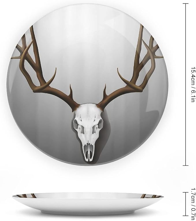 XISUNYA 10 Inch Decorative Plate,Antler Decor Ceramic Craft, Deer Skull with Large Horns Elk Skeleton Print Ornament Display Plate Decor Accessory for Dining, Parties, Wedding