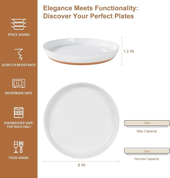 8-Inch Stoneware Plates Set of 4 - Porcelain Dinner Plates - Microwave and Dishwasher Safe, Ceramic Plates Set,Scratch Resistant. Kitchen Porcelain Dish,White(Brown Bottom)