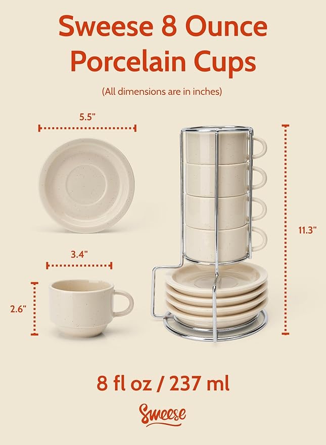 Sweese 8oz Porcelain Cappuccino Cups Set with Saucers, Metal Stand - Stackable, Durable for Coffee, Latte, Tea - Beige, 4 Pack