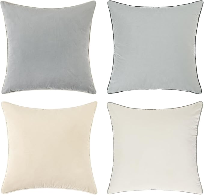 Mecatny Set of 4 Velvet Throw Pillow Covers 18x18, Soft Neutral Accent Decorative Couch Pillow Covers for Sofa Bedroom Living Room, Grey/Beige