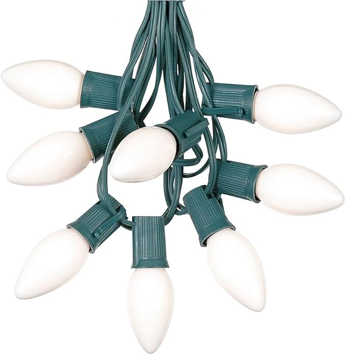 25 Foot C9 White Ceramic Christmas String Light Set - Outdoor Roofline Light String - Opaque Bulbs - Green Wire