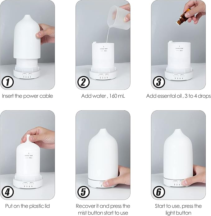 Stone Diffuser, Ceramic Essential Oil Diffuser, Humidifier 160ml Ultrasonic Oil Diffuser for Aramatherapy (White)