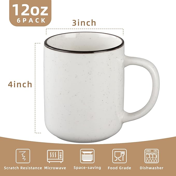 Coffee Mugs Set of 6, 12 oz Coffee Cups Ceramic, Ceramic Coffee Mug with Handle and Speckled Patterns for Latte, Tea, Cocoa, Milk, Cappuccino, Microwave & Dishwasher Safe