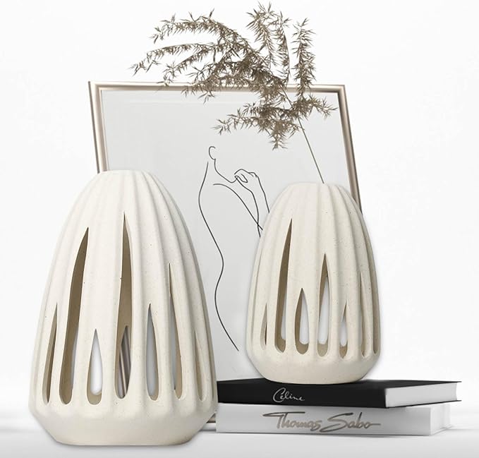 Ceramic Vase - Set of 2 for Home Decor,White Hollow-Out Design Vases Minimalist Nordic Boho Style for Modern Farmhouse Decor, Living Room、 Kitchen、Mantle、Bedroom、Dining Table、Office