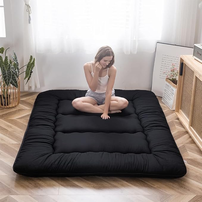 MAXYOYO Japanese Floor Mattress Futon Mattress, 4" Thicken Tatami Mat Sleeping Pad Foldable Roll Up Mat Boys Girls Dormitory Pad Kids Floor Lounger Pillow Bed, Black, Full