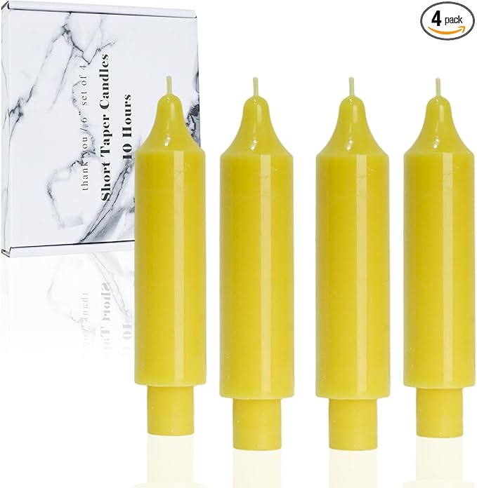 Beeswax Taper Candles Short Candle Sticks Unscented Dinner Candle Dripless for Home Decor,Set of 4,Yellow