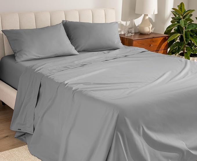 Bare Home 100% Organic Cotton Queen Sheet Set - Crisp Percale Weave - Lightweight & Breathable - Bedding Sheets & Pillowcases (Queen, Light Grey)