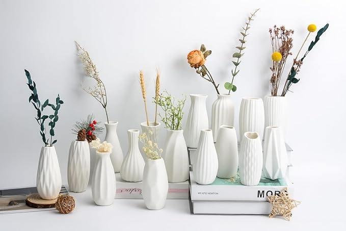 BEAHOT Ceramic Bud Vases Set of 16 - Matte White Mini Ceramic Bud Vases Collection: Non-Repeating Modern Boho Centerpiece - Small Unglazed Jars for for Weddings, Home, Shelf Decor