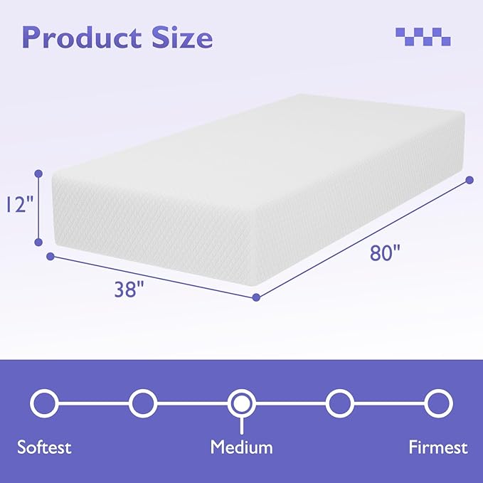FDW | 12 Inch Twin XL Mattress | Medium Firm | Gel Memory Foam Mattress | White | Bed in a Box, CertiPUR-US Certified | Pressure Relief, Cooling Ventilated Foam | Washable Removable Cover