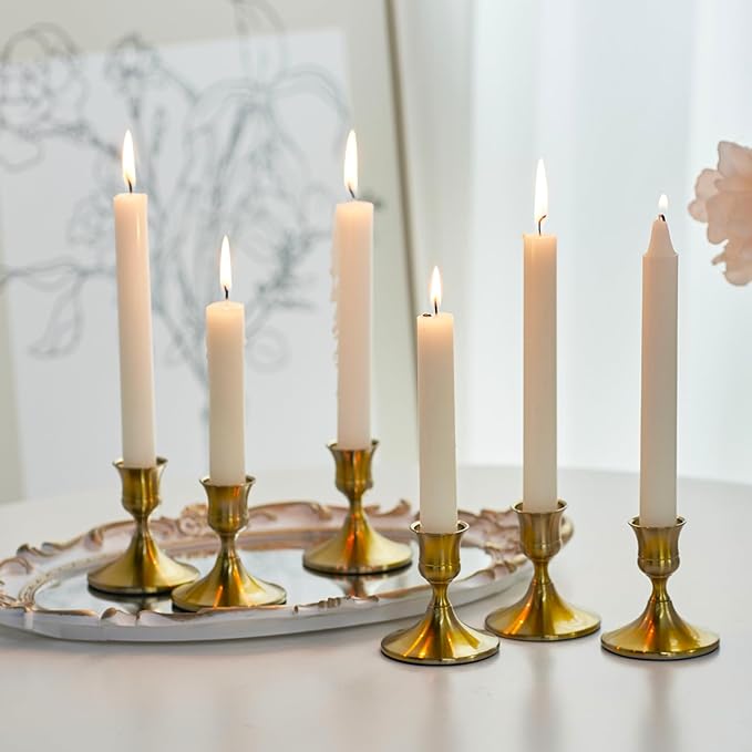 Gold Taper Candle Holder, Brass Candlestick Holders, Vintage Metal for Table Centerpieces Wedding Christmas Decor (Gold, 6 Pcs)