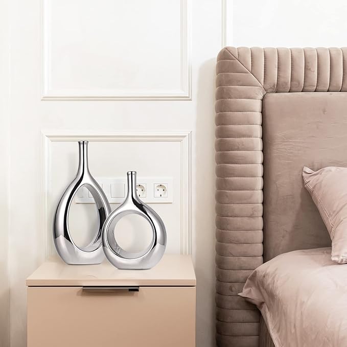 Glossy Silver Vase Ceramic Silver Vases Home Decor,Modern Minimalist Circle with Hole Decorative Vase, Hollow Ellipse Flower vases for Bookshelf, Fireplace Mantle, Centerpieces,Farmhouse,Rustic Décor