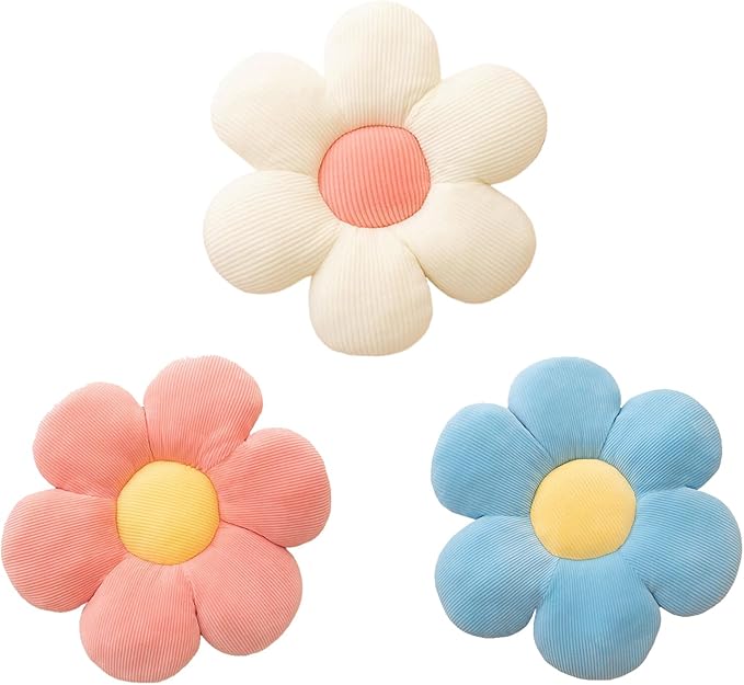 Flower Pillow Set 3 Pcs Flower Shaped Throw Pillow 15.7'' Cute Daisy Flower Pillow Flower Seating Cushions for Adults Kids Home Bedroom Sofa Chair Couch Decor (White/Pink/Blue, 15.74 in)