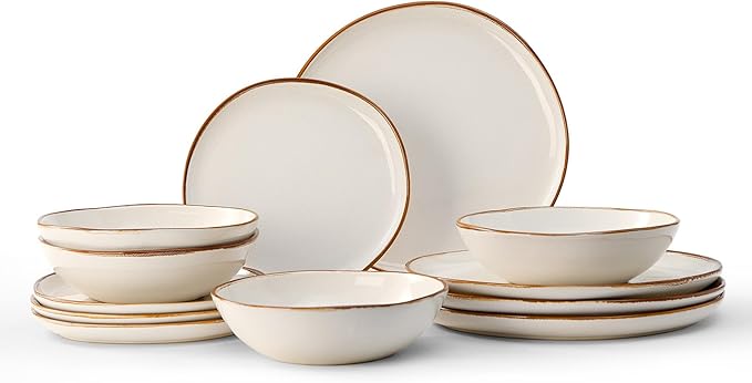 Bestone 12 Pieces Round Kitchen Dinnerware Sets，Plates and Bowls Sets,Dishes, Plates, Bowls, Dish Set, Chip Resistant Ceramic Dinnerware Set, Dishwasher/Microwave Safe,Service for 4,Pearl White