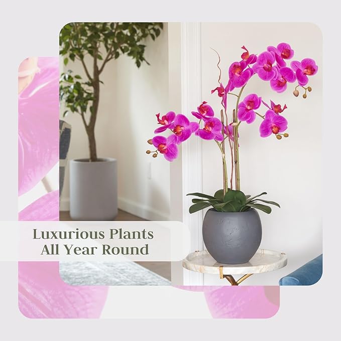 CG Hunter Faux Pink Orchid Plant, Premium Artificial Indoor Flower Display Stands 25-Inches with Beautiful Sculptural Blooms and Foliage That Lasts Forever, Grey Planter Pot Included