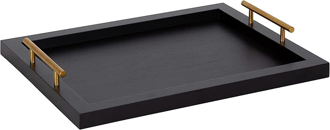 Kate and Laurel Halsey Rectangle Decorative Wooden Tray with Polished Metal Handles, 17 x 13, Black and Gold, Modern Glam Wood Rectangular Serving Tray for Display or Decoration