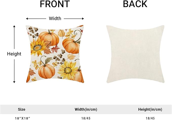 Fall Pillow Covers 18 x 18 Inch, Burnt Orange Pumpkin Yellow Floral Decor Throw Pillows for Home Couch Bed, Autumn Harvest Thanksgiving Decorative Pillowcase Linen Cushion Cover Set of 2