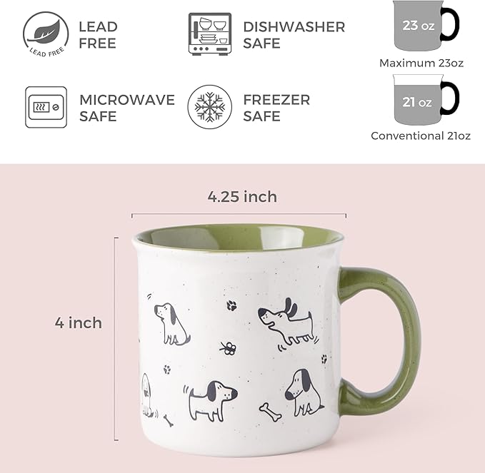 AmorArc 22 OZ Large Ceramic Coffee Mugs Set of 2, Oversized Mugs With Big Handle for Men Women Dad Mom, Big Mug With Textured Dogs Cats Patterns for Office & Home -Microwave Safe, 2 Pcs-Green