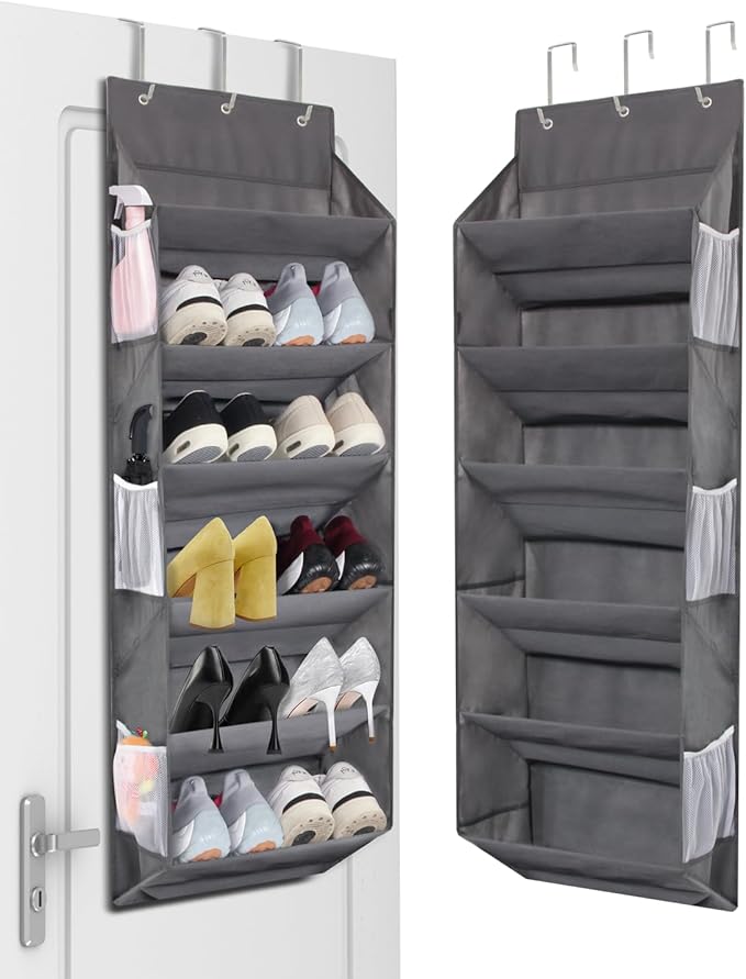 Over the Door Shoe Rack Organizer Hanging Fits 12 Pairs Shoes with 6 Mesh Pockets 6 Deep Large Pockets 50lbs Weight Capacity Behind the Door Storage Organizers for Closet Narrow Door 1 Pack