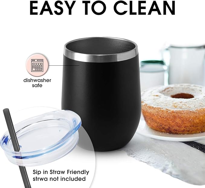HASLE OUTFITTERS 12oz Wine Tumbler with Lid Stemless Wine Glasses Double Wall Vacuum Travel Mugs stainless steel Coffee Cup for Cold & Hot Drinks Wine Coffee Cocktails Beer (12oz-Black, 1 Pack)