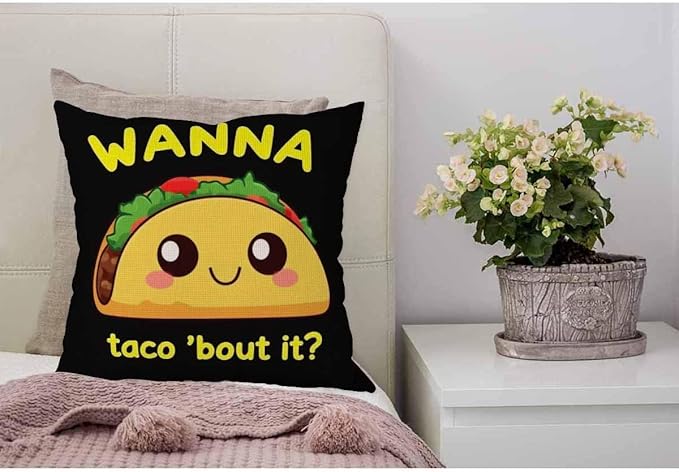 WONDERTIFY Throw Pillow Case Cover Taco with Letter Wanna Taco About It Yellow Black - Soft Linen Pillow Case for Decorative Bedroom/Livingroom/Sofa/Farm House -Cushion Covers Couch Pillow 18x18 Inch