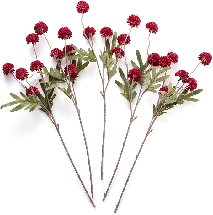 Artificial Kiku Flower Burgundy - 5 Pcs Fake Pompon Mums Silk Small Chrysanthemum Faux Ball Fall Flower Stem Decor for Autumn Wedding Filler DIY Bouquet Centerpieces Arrangements Shower (Burgundy)