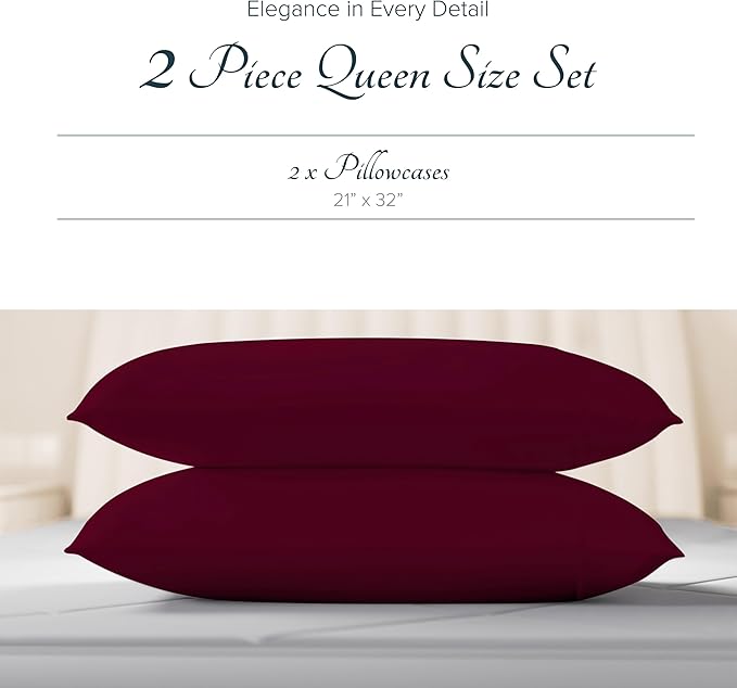 Carressa Linen 100% Egyptian Cotton Pillow Cases Standard/Queen Size Set of 2 - Luxury 1500 Thread Count Sateen Burgundy Pillow Cases, Silky Soft Cotton Pillowcases Fits Standard & Queen Pillows