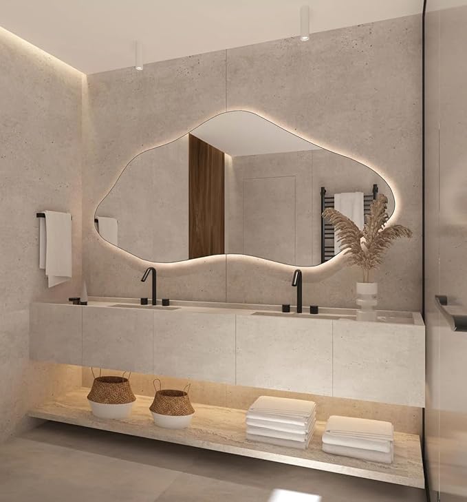 Asymmetrical Bathroom LED Mirror, Modern Irregular Shape Wall Mirror with LED Lights, Frameless Aesthetic Backlit LED Illimunated Vanity Mirror (38" x 19" inc)