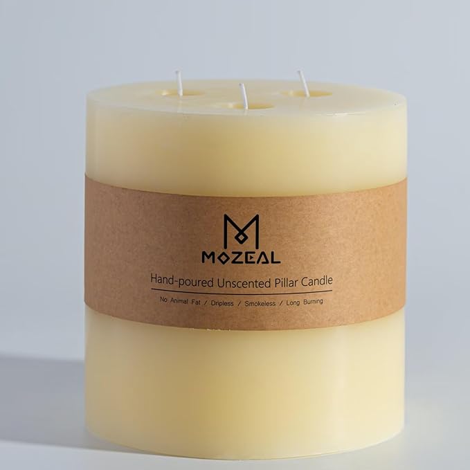 MOZEAL Extra Large 3 Wick Ivory Pillar Candle, 6" x 6", Unscented, Dripless, Smokeless, and Clean-Burning. Approx. 120 Hours of Burn Time. Perfect for Weddings, Dinners, Christmas and Home Decor