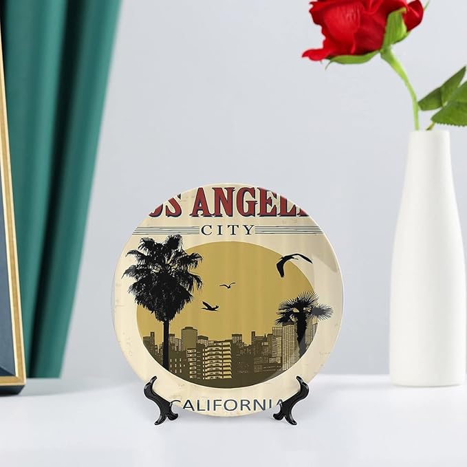 XISUNYA 6 Inch Decorative Plate, Vintage Tableware Plate, Los Angeles City from California Birds Vacation Journey Design Print Ceramic Wall Hanging for Home Office Party Dinner Table Decor