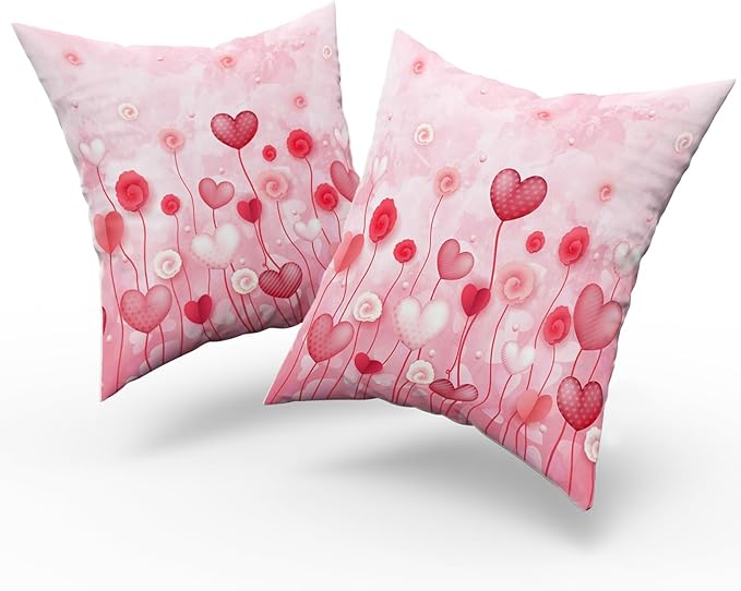 Giwawa Love Hearts Pillow Cover Set of 2 Red Pink Dots Heart Floral Cushion Covers Valentines Day Decorative Square Cotton Throw Pillowcases 20x20 Inches for Couch Sofa Bedding Wedding Holiday