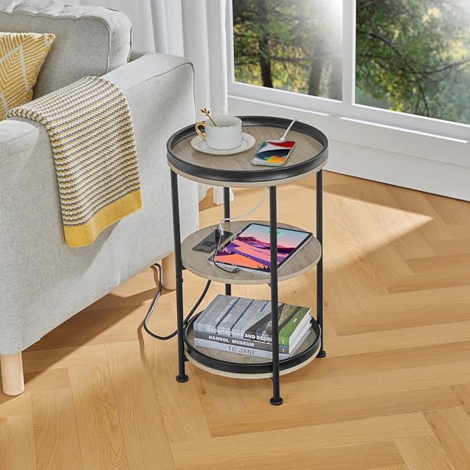 Dulcii Round Side Table with Charging Station, End Table with 3 Shelves for Living Room, Bedroom Nightstand for Small Spaces, Industrial Round Sofa Table with Steel Frame (USB+Oak)