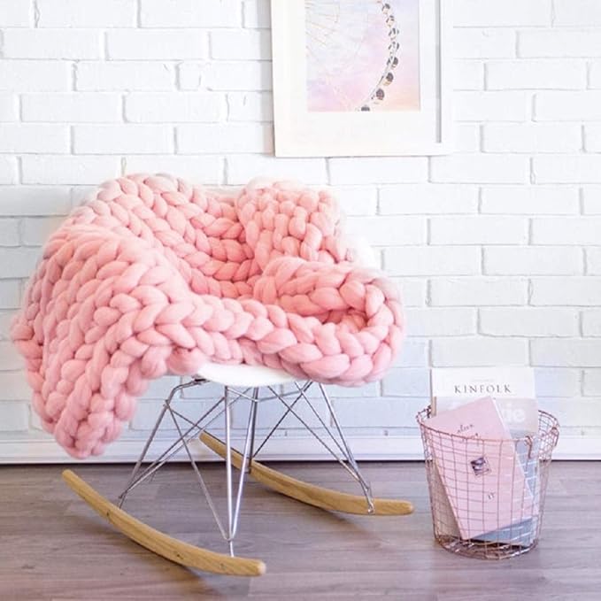 Knit Chunky Blanket Giant Throw Merino Wool Yarn Hand Made Bed Sofa Chair Mat(Pink 40"x60")