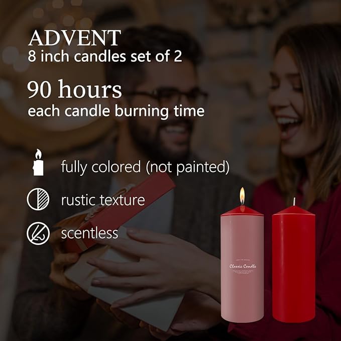 Hand Poured Pillar Candles Set of 2, 3x8 inches Emergency Large Red Candle, Smokeless Dripless Unscented and Non-Toxic Candles, Home Wedding Decor Candles