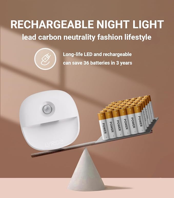 Lyridz Rechargeable Night Light, Motion Sensor Battery Nightlight, Mini Stick-on LED Closet Light, 1-20LM Dimmable Brightness for Bathroom, Bedroom, Kitchen, Washroom, Stairs, Hallway, 3-Pack