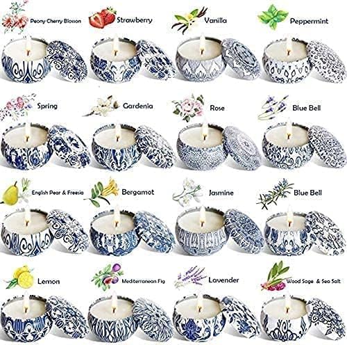 Set of 16 Small Scented Candles,Blue and White Aroma Naturals Candles,2.5 OZ Soy Wax Travel Tin Jar Candles,Appropriate Gifts for Mom,Christmas, Birthday, Thanksgiving.
