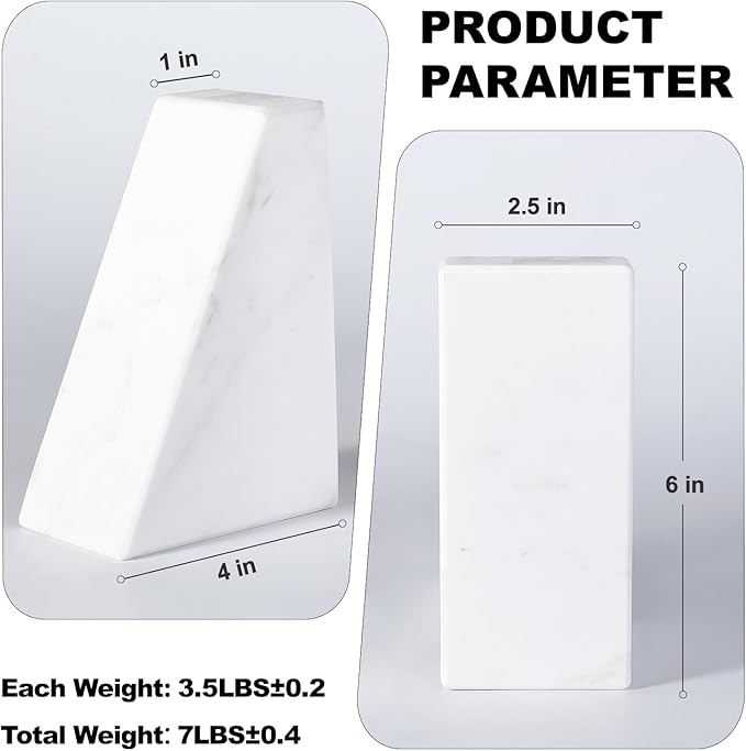 Marble Bookends for Heavy Books, Decorative Book Ends for Shelves, White Stone Durable and Heavy-Duty Book Ends for Hardback Books & CDS, Unique Book Stopper & Holder, Set of 2