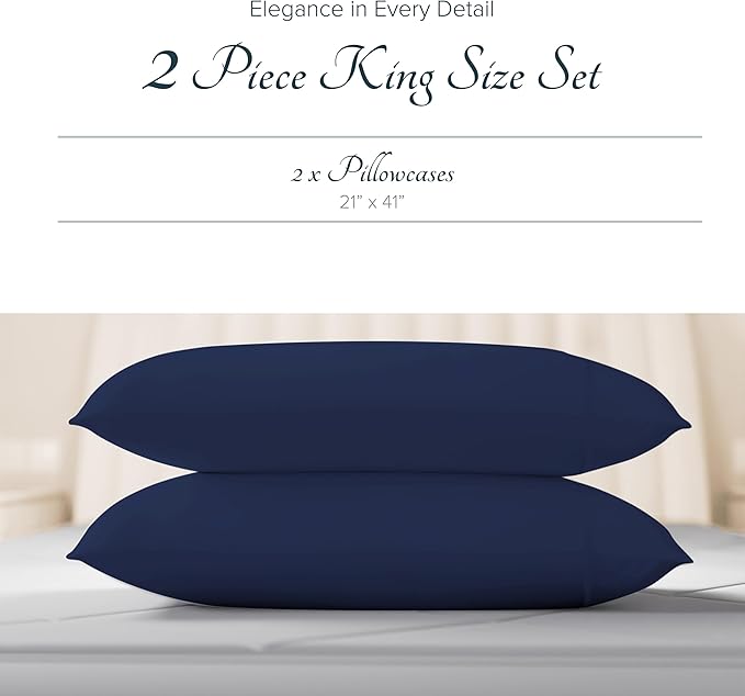 Carressa Linen 100% Egyptian Cotton Pillow Cases King Size Set of 2 - Luxury 1500 Thread Count Sateen Navy Blue Pillow Covers, Soft & Breathable 5 Star Hotel-Quality Pillowcases, Fits King Pillows