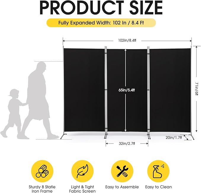 RANTILA 3 Panel Privacy Screen, 6 Ft Tall Folding Privacy Screen Room Dividers, Freestanding Room Partition Wall Dividers, 102''W x 20''D x 71''H, Black