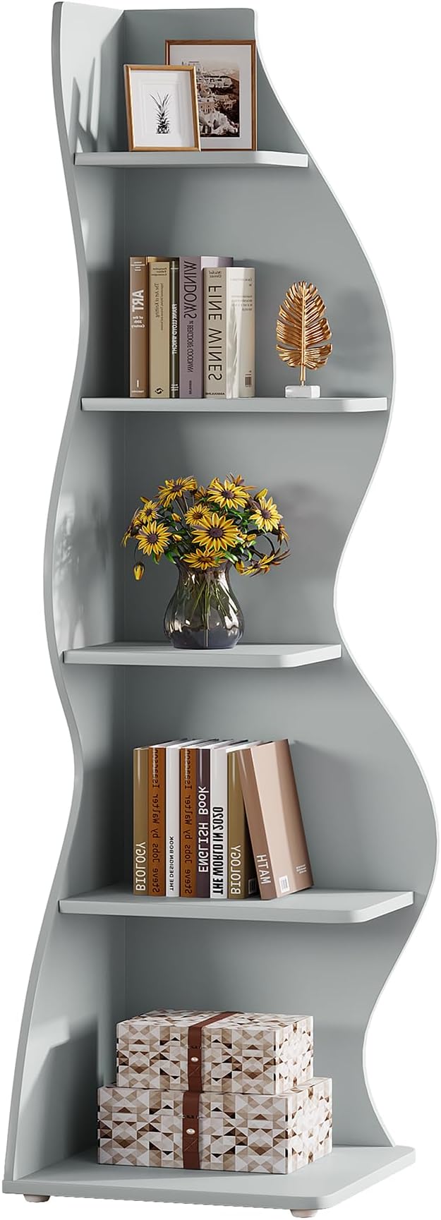 Tribesigns Wavy Corner Shelf, Modern 5-Tier Bookshelf Bookcase with Curvy Shape, Unique Plant Stand Display Rack for Living Room Small Space (Blue)