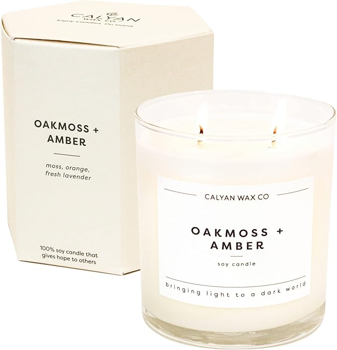 Calyan Wax Co. 2 Wick Candle, Oakmoss + Amber Scented Candle, 37 Hour Burn Time, Aromatherapy Soy Candles, Non Toxic & Vegan Soy Wax, Glass Tumbler Scented Candles, 8.8oz