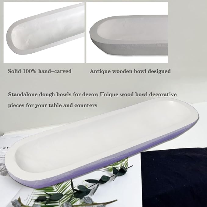 Wooden Dough Bowls Decorative，Rustic Bread Long Bowls Decor Wood Tray, Hand Carved For Table Centerpiece Decor, Home Decor(20 * 6 * 2 inch white)
