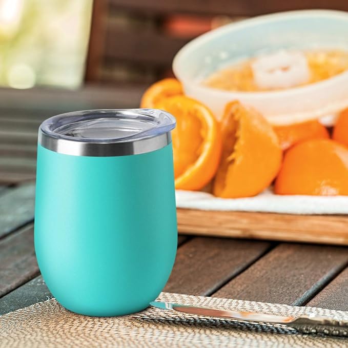 HASLE OUTFITTERS 12oz Wine Tumbler with Lid Stemless Wine Glasses Double Wall Vacuum Travel Mugs stainless steel Coffee Cup for Cold & Hot Drinks Wine Coffee Cocktails Beer 12 Pack Light Blue