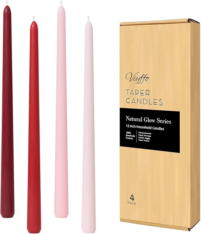 Viyffo Taper Candles 12 Inch 4 Pack Red, 9 Hour Burn Unscented Dripless & Smokeless Decorative Candles for Dinner, Wedding & Home Decor