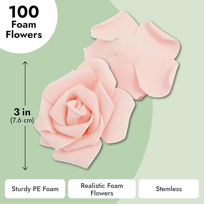 Juvale Artificial Roses for Wedding Decor - 3-Inch Pink, 100 Pack - Realistic Artificial Flowers for Centerpiece Table Decorations